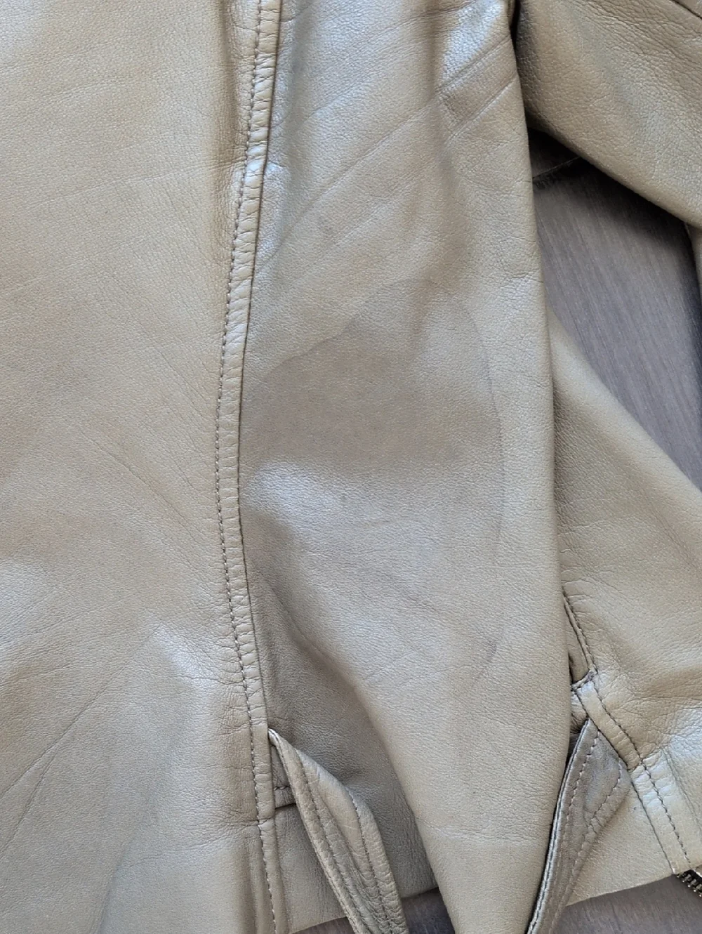Vintage Trina Turk Olive Quilted-Shoulder Leather Moto Jacket - Picture 7 of 8